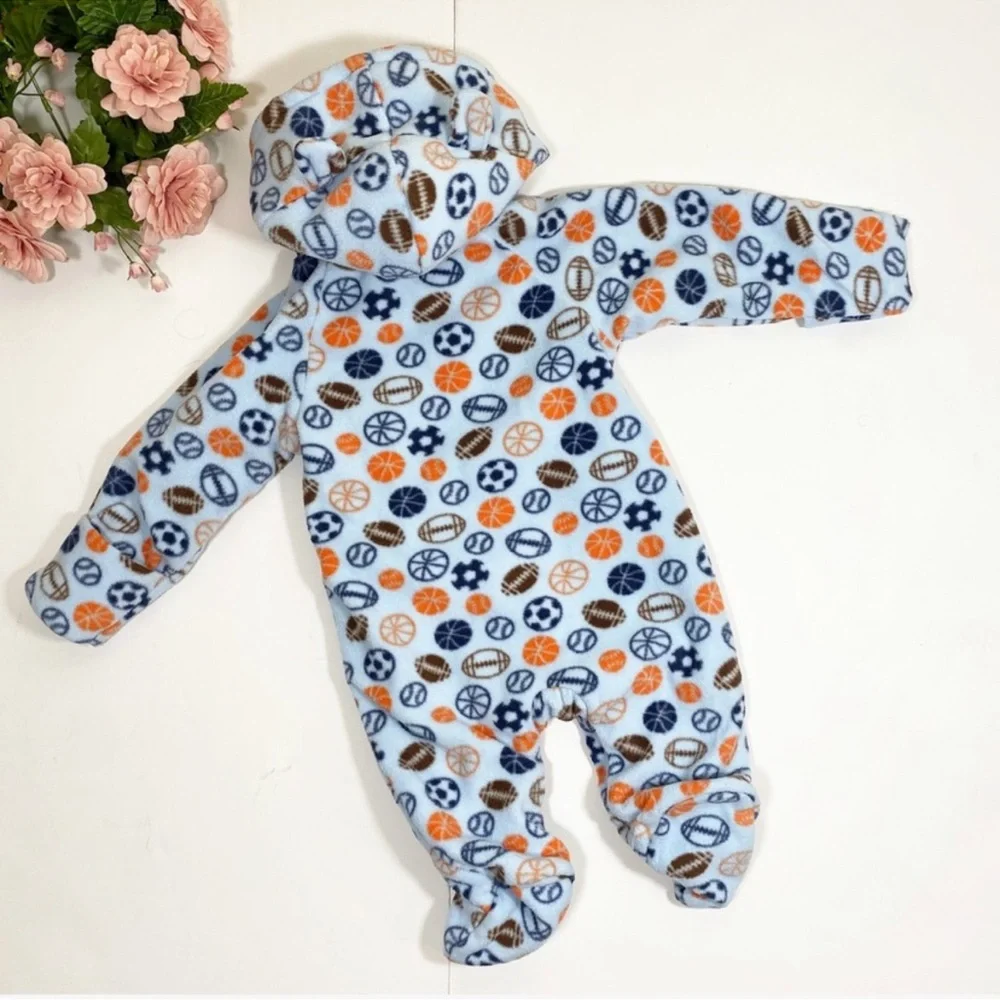 Healthtex Blue Sports Print Pram Fleece Eared Footed Baby Boy Winter Snowsuit